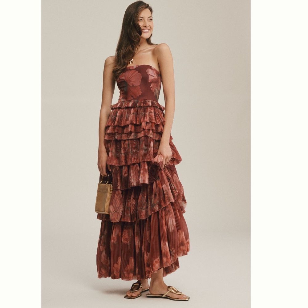 Anthropologie Floral Tiered Maxi Dress - Burgundy